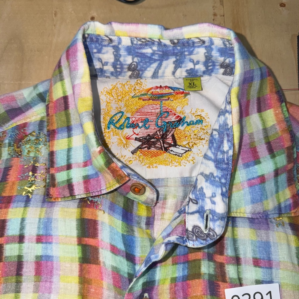 Robert Graham Mens XL Linen Plaid Short Sleeve Button Down Shirt Gold Embroidery - Picture 2 of 6